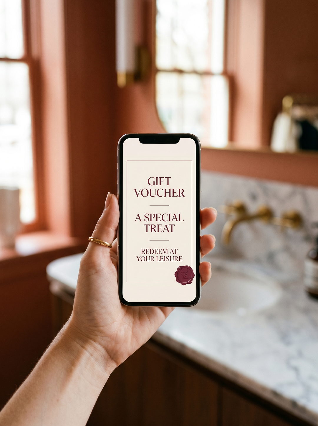 A hand holds a smartphone displaying a beautifully designed gift voucher in burgundy serif type, with a small wax seal mark, in a warm boutique salon interior.